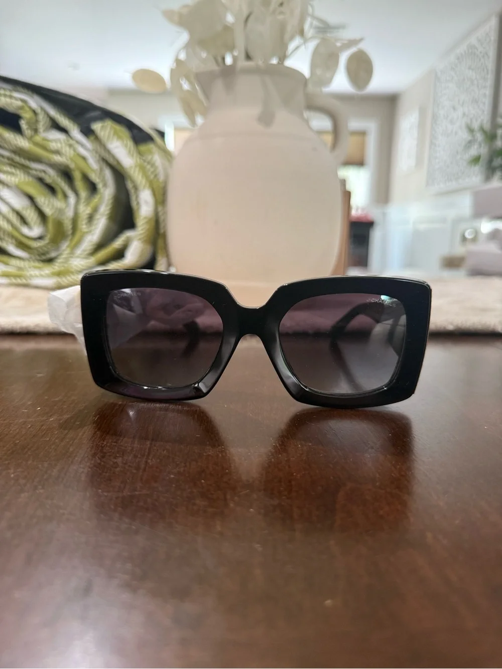 CHANEL Black Square Oversized Sunglasses with Gold Accents